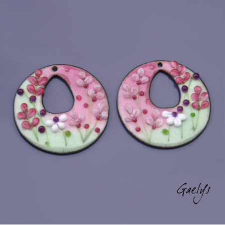 Paire de charm cuivre émaillé pour boucles d'oreille - vert / rose  / pourpre