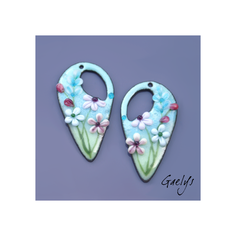 Paire de charm cuivre émaillé pour boucles d'oreille - vert / bleu glace / rose / pourpre