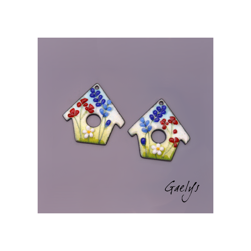 Paire de charm cuivre émaillé pour boucles d'oreille - vert / bleu / marine / rouge / blanc - Bird House