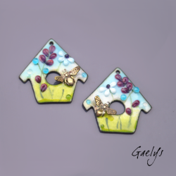 Paire de charm cuivre émaillé pour boucles d'oreille - vert / bleu / pourpre / turquoise - Bird House - Abeille laiton