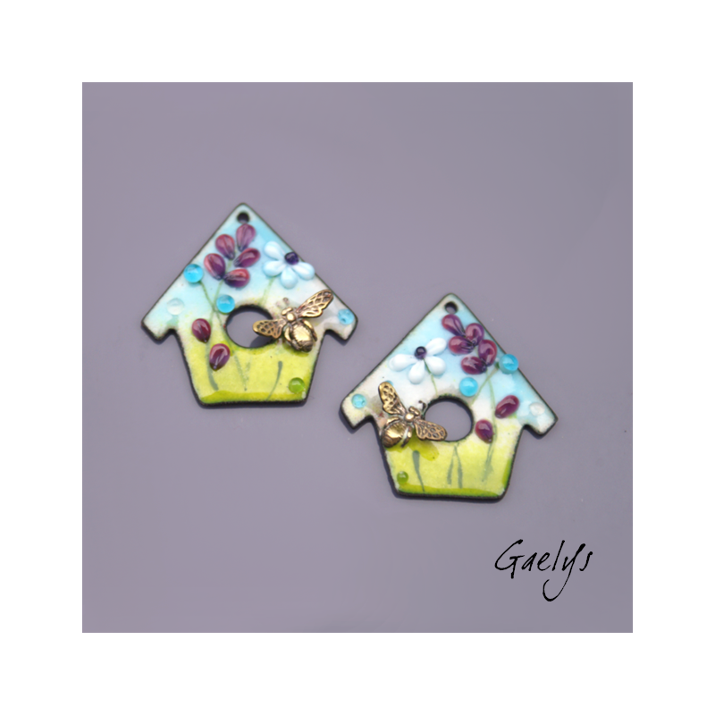 Paire de charm cuivre émaillé pour boucles d'oreille - vert / bleu / pourpre / turquoise - Bird House - Abeille laiton