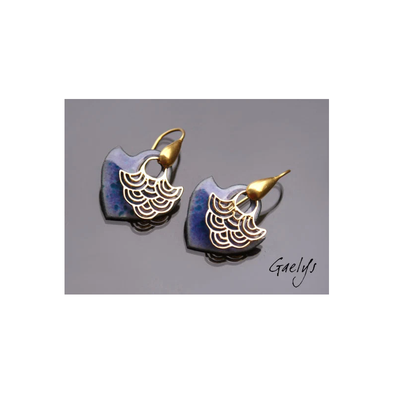 Tegashi - boucles d'oreille, vermeil or jaune et cuivre émaillés - Bohême Chic - Violet / bleu