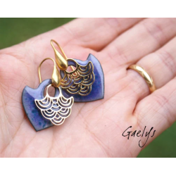 Tegashi - boucles d'oreille, vermeil or jaune et cuivre émaillés - Bohême Chic - Violet / bleu