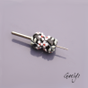 Perles Lampwork à fleurs - duo de perles rondes - fleurs  - fond noir / fleurs blanche coeur rouge, vert d'eau