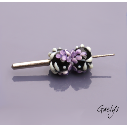 Perles Lampwork à fleurs - duo de perles rondes - fleurs  - fond noir / fleurs violette (glycine), vert d'eau