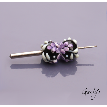Perles Lampwork à fleurs - duo de perles rondes - fleurs  - fond noir / fleurs violette (glycine), vert d'eau