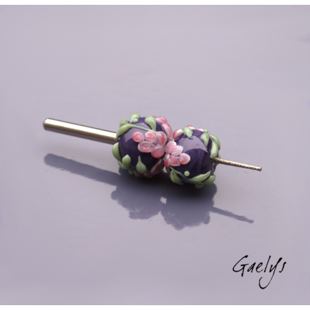 Perles Lampwork à fleurs - duo de perles rondes - fleurs  - fond violet / fleurs rose (style glycine), vert d'eau