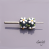 Perles Lampwork à fleurs - duo de perles rondelle  - fond bleu jean/ fleurs blanches