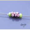 Duo de perles rondelle 1 fleur + 2 spacers vert  - fond noir / ligne verte / fleur rose frits fuschia