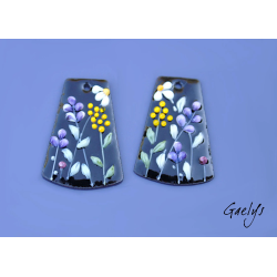 Paire de charm cuivre émaillé pour boucles d'oreille - fond noir / vert doux / olive / multicolore - champêtre - fleurettes