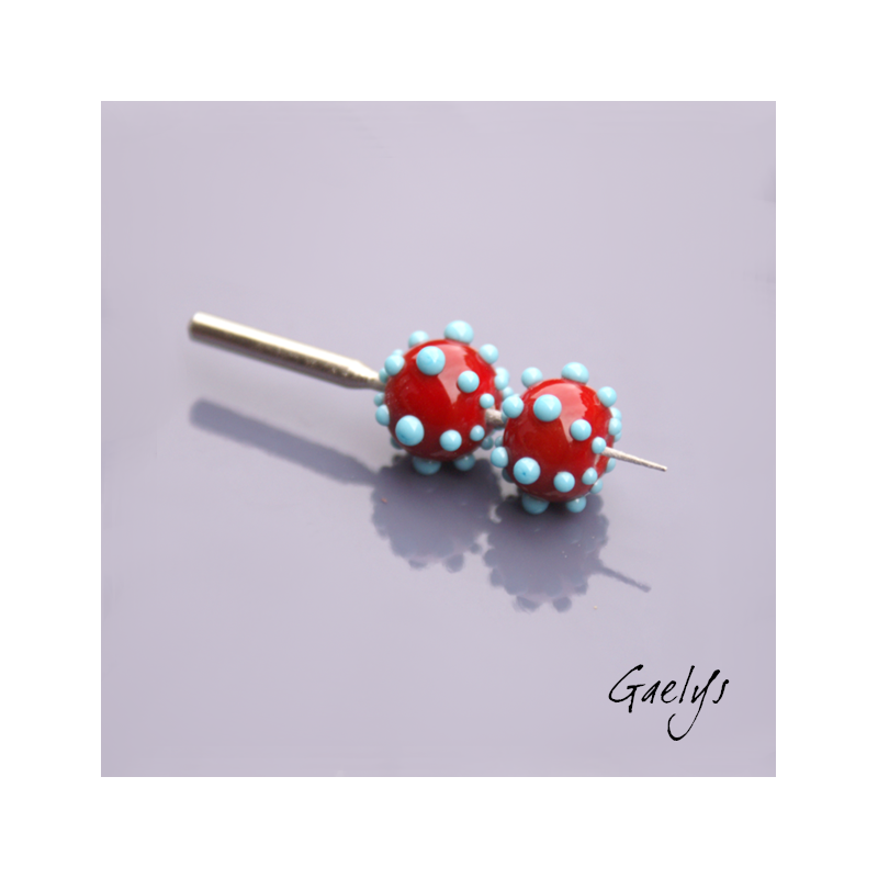Perles Lampwork à picots oursin - duo de perles rondes avec points - rouge / bleu turquoise