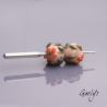 Perles Lampwork à fleurs - duo de perles rondes - fleurs  - fond rose nude / fleurs sun set, vert olive