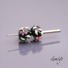 Perles Lampwork à fleurs - duo de perles rondelle 4 fleurs  - fond noir / fleurs violet, ivoire et rose / feuillage