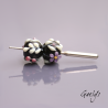 Perles Lampwork à fleurs - duo de perles rondelle 4 fleurs  - fond noir / fleurs violet, ivoire et rose / feuillage