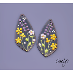 Paire de charm cuivre émaillé pour boucles d'oreille - fond noir / vert anis / rose / violet / jaune