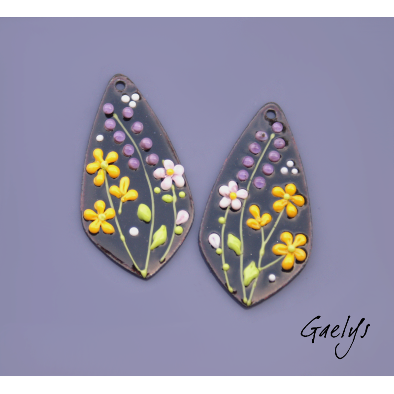 Paire de charm cuivre émaillé pour boucles d'oreille - fond noir / vert anis / rose / violet / jaune