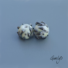 Perles Lampwork à fleurs - duo de perles rondelle  - fond vert d'eau clair /feuillage bleu metal