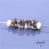 Perles Lampwork à fleurs - set de 4 perles rondelle + 2 spacer depolis - fond ivoir / fleurs dark  multicolore