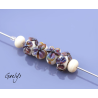 Perles Lampwork à fleurs - set de 4 perles rondelle + 2 spacer depolis - fond ivoir / fleurs dark  multicolore