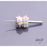 Perles Lampwork à fleurs - duo de perles rondelle 3 fleurs  - fond bleu ciel / fleurs rose / liseret vert
