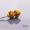Perles Lampwork à fleurs - duo de perles rondelle + 2 minis  - fond noir / fleurs pensée jaune orangé