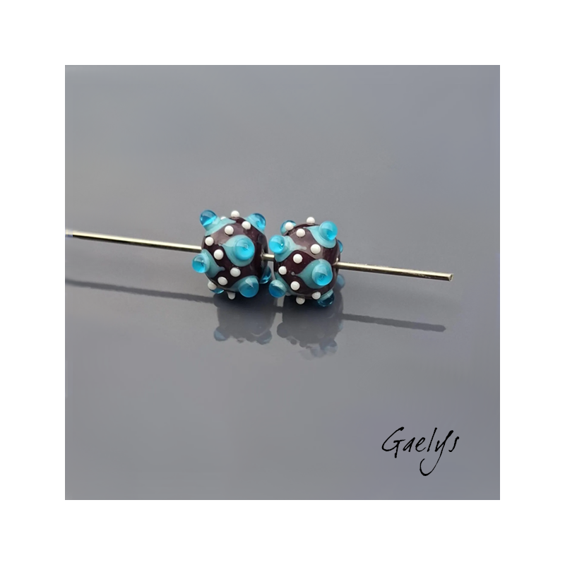 Perles à picots - duo de perles rondelle avec un jeu de points et picots  - rouge / bleu / aqua