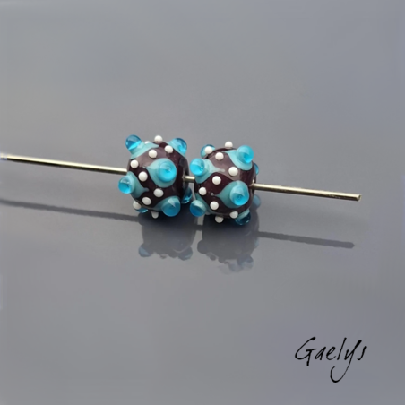 Perles à picots - duo de perles rondelle avec un jeu de points et picots  - rouge / bleu / aqua