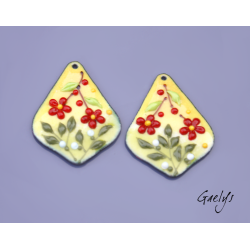 Paire de charm cuivre émaillé pour boucles d'oreille - fond jaune / vert / rouge / blanc / jaune