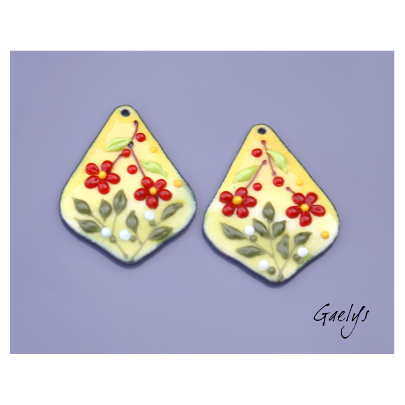 Paire de charm cuivre émaillé pour boucles d'oreille - fond jaune / vert / rouge / blanc / jaune