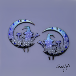 Paire de charm cuivre émaillé pour boucles d'oreille - bleu cobalt / azure / blanc - Sorcière et son chat à la lune