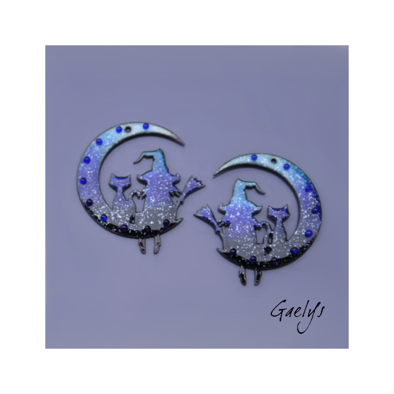 Paire de charm cuivre émaillé pour boucles d'oreille - bleu cobalt / azure / blanc - Sorcière et son chat à la lune