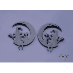 Paire de charm cuivre émaillé pour boucles d'oreille - bleu cobalt / azure / blanc - Sorcière et son chat à la lune