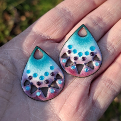 Paire de charm cuivre émaillé pour boucles d'oreille - bleu turquoise, violet, blanc- ovoïde