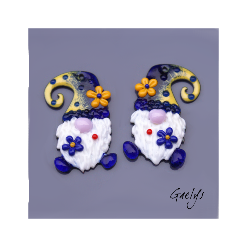 Paire de charm cuivre émaillé pour boucles d'oreille - bleu marine / jaune / blanc - gnome / nain / lutin