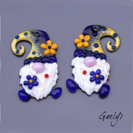 Paire de charm cuivre émaillé pour boucles d'oreille - bleu marine / jaune / blanc - gnome / nain / lutin