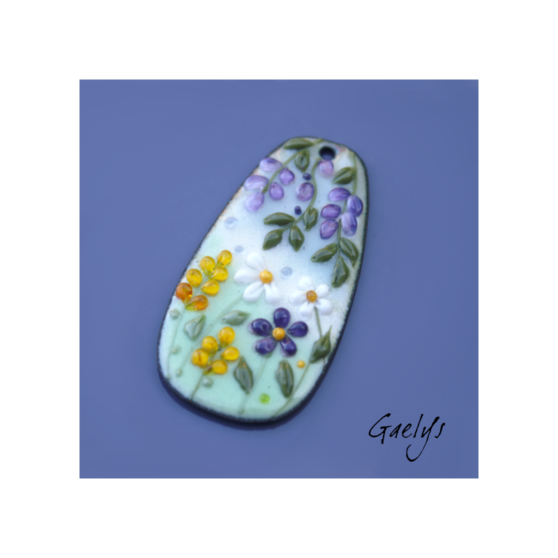 GRAND pendentif cuivre émaillé -  vert / bleu / jaune / violet - Glycine prairie fleurie