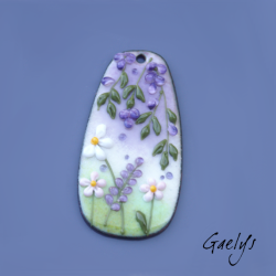 GRAND pendentif cuivre émaillé -  vert / bleu / jaune / violet - Glycine prairie fleurie