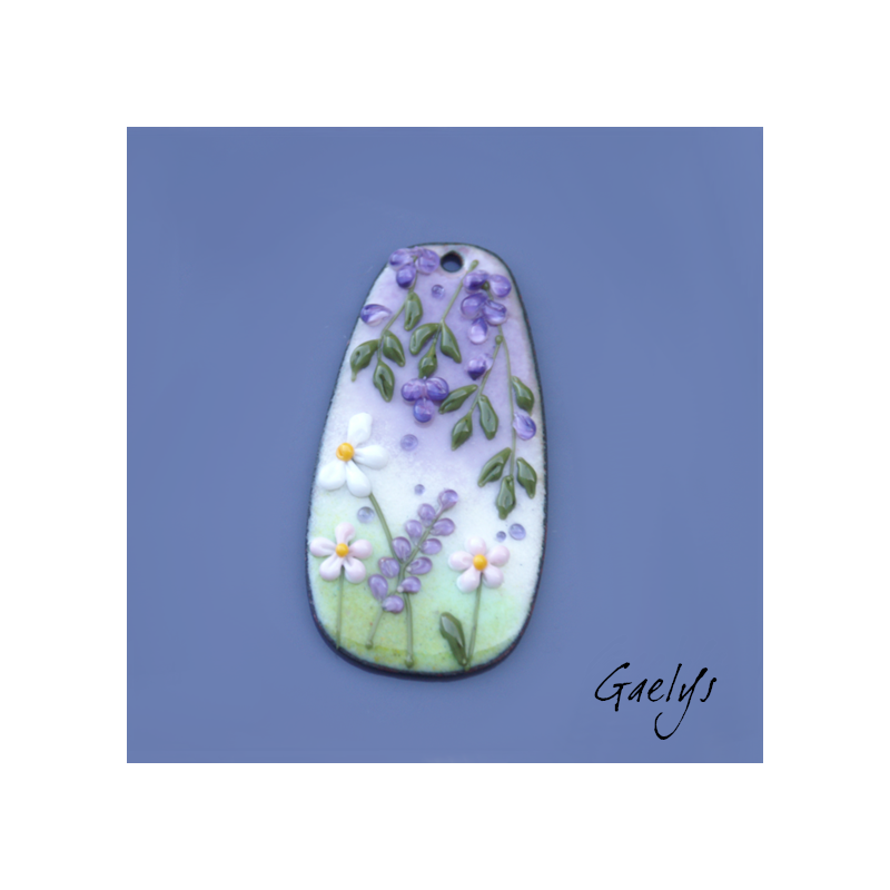 GRAND pendentif cuivre émaillé -  vert / bleu / jaune / violet - Glycine prairie fleurie