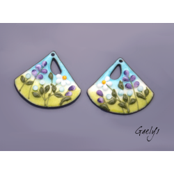 Paire de charm cuivre émaillé pour boucles d'oreille - fond bleu glace / vert / violet / blanc / bleu ciel