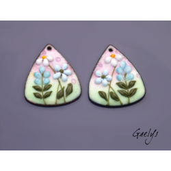 Pair of enameled copper charm earrings - pink/soft green/sky blue/white/yellow background