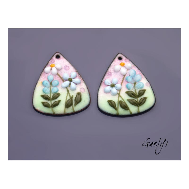 Pair of enameled copper charm earrings - pink/soft green/sky blue/white/yellow background