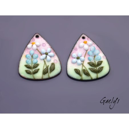 Pair of enameled copper charm earrings - pink/soft green/sky blue/white/yellow background