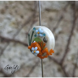Saly - petite grenouille orange sur perle ivoire - fleurettes - Animaux de verre