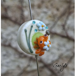 Saly - petite grenouille orange sur perle ivoire - fleurettes - Animaux de verre