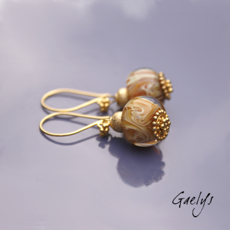 Sidney - boucles d'oreille dorées, lampwork borosilicate