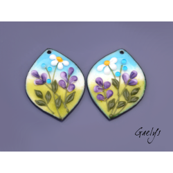 Paire de charm cuivre émaillé pour boucles d'oreille - fond bleu glace / vert / violet / blanc / jaune