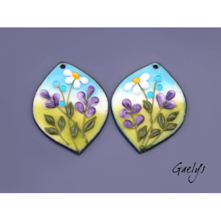 Paire de charm cuivre émaillé pour boucles d'oreille - fond bleu glace / vert / violet / blanc / jaune