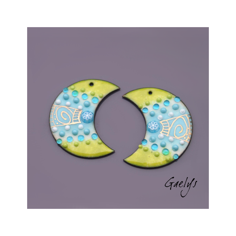 Paire de charm cuivre émaillé pour boucles d'oreille - bleu glace / vert / aqua / or - demi lune - murine