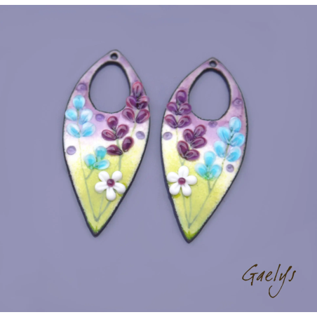 Paire de charms cuivre émaillé pour boucles d'oreille - vert / violet / blanc / aqua / prune - longue feuille