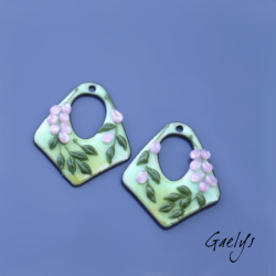 Paire de charm cuivre émaillé pour boucles d'oreille -  vert / rose - style glycine